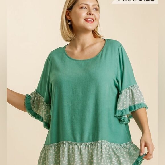 Umgee Tops - Umgee Linen Blend Animal Print Bell Sleeve Round Neck Top with Ruffle Hem Large
